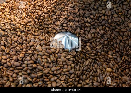 Geisha Kaffeebohnen, die in einer Röstmaschine herumwirbeln, erzeugen einen dynamischen Bewegungsunschärfeeffekt, der perfekt zur Darstellung des Kaffeezubereitungsprozesses geeignet ist. Stockfoto