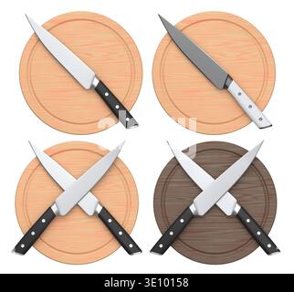 Set aus Küchenmessern des Küchenchefs mit einem Holzgriff, isoliert auf weißem Hintergrund. 3D Render von Metzgermessern oder professionellen Küchenutensilien Stockfoto