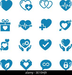 Healthcare & Medical Heart icon Set, blaue Vektor-Symbole für Kardiologie, Liebe und Wellness auf weißem Hintergrund Stock Vektor