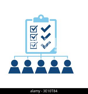 Symbol „Team Project Management“, blaue Zwischenablage mit Checkliste und Grafik zur Organisationshierarchie der Unternehmensgruppe Stock Vektor