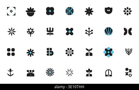 Schwarze Und Blaue Minimalistische Blume- Und Blattvektorsymbole, Abstrakte Botanische Logos Stock Vektor