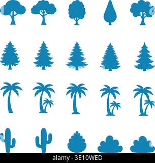 Blauer Baum Vektor-Symbol-Set, Waldkiefer, Tropische Palme & Wüstenkaktus Silhouetten Stock Vektor