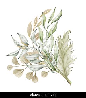 Aquarellblume Illustration - grün und Blattgold Kranz, für Hochzeit Schreibwaren, Grüße, Tapeten, Mode, Hintergrund. Eukalyptus, Olive, gr Stockfoto