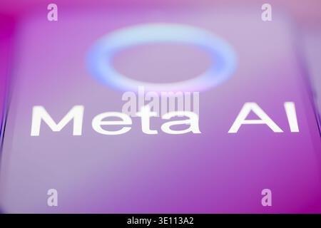 Brussels, Belgium. 14th Mar, 2026. The Meta AI logo is displayed on a smartphone screen in this photo illustration, as Meta Platforms expands its artificial-intelligence strategy while facing scrutiny from European regulators over competition and data-use rules affecting AI services on platforms such as WhatsApp. Taken in Brussels, Belgium, on 14 March 2026. (Jonathan Raa/Sipa USA) *** Strictly for editorial news purposes only *** Credit: Sipa USA/Alamy Live News Stockfoto