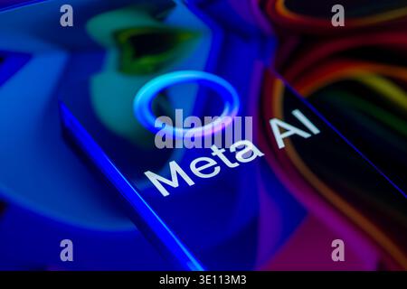 Brussels, Belgium. 14th Mar, 2026. The Meta AI logo is displayed on a smartphone screen in this photo illustration, as Meta Platforms expands its artificial-intelligence strategy while facing scrutiny from European regulators over competition and data-use rules affecting AI services on platforms such as WhatsApp. Taken in Brussels, Belgium, on 14 March 2026. (Jonathan Raa/Sipa USA) *** Strictly for editorial news purposes only *** Credit: Sipa USA/Alamy Live News Stockfoto