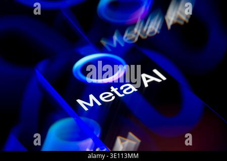 Brussels, Belgium. 14th Mar, 2026. The Meta AI logo is displayed on a smartphone screen in this photo illustration, as Meta Platforms expands its artificial-intelligence strategy while facing scrutiny from European regulators over competition and data-use rules affecting AI services on platforms such as WhatsApp. Taken in Brussels, Belgium, on 14 March 2026. (Jonathan Raa/Sipa USA) *** Strictly for editorial news purposes only *** Credit: Sipa USA/Alamy Live News Stockfoto