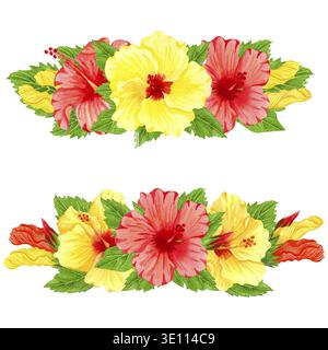Aquarellset mit roten und gelben Hibiskusblütensträußen. Von Hand gezeichneter Blumenrand mit tropischen Blumen und Blättern. Hochzeitseinladung, Gruß Stockfoto