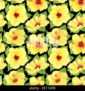 Nahtloses tropisches Blumenmuster in Aquarellfarben. Gelber Hibiskus und Blätter auf schwarzem Hintergrund. Hand gezeichnetes nahtloses Aquarellmuster mit gelbem Tropen Stockfoto