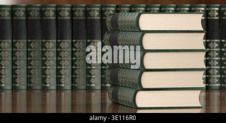 Stapel von grünen alten Hardcover-Büchern aus Leder vor Reihe von Büchern Hintergrund, Bildung, Bibliothek oder Schule Hintergrund Vorlage mit Kopierraum, 3D i Stockfoto
