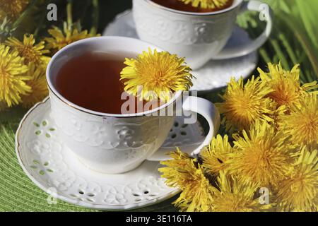 Löwenzahntee mit einer frischen gelben Blume in einer Tasse. Vitamingetränk. Löwenzahn Kräutertee für die Gesundheit Stockfoto
