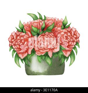 Aquarell Pfingstrosen Bouquet in einem Korb isoliert auf weißem Hintergrund. Handgemalte rote Blumen und grüne Blätter. Blumenabbildung Stockfoto