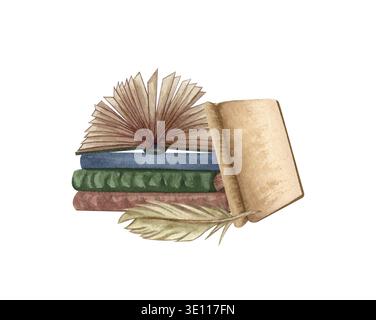 Illustration von Vintage-Büchern mit Aquarellen. Hand hat einen Stapel alter Bücher gezeichnet, Tuschfeder, offenes Buch, seltenes Papier. Antike Objekte. Alte und seltene Elemente Stockfoto