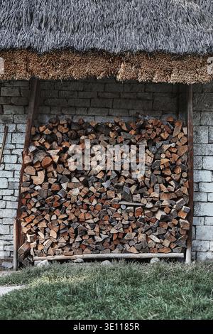 Unter dem Steinschuppen gelagerte Brennholzscheite. Gestapeltes Feuerholz im Hinterhof des Hauses Stockfoto