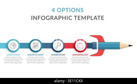 Bildungs-Infografiken, Bleistift als Rakete und Linie mit 4 Elementen für Ihre Symbole und Text, Vektorgrafik eps10 Stock Vektor