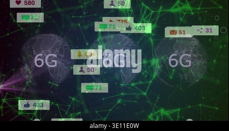 Anzeige von drei 6G-Globus-Wireframes, die im dunklen Cyberspace pulsieren, mit UI-Zählern und grünem Mesh Stockfoto