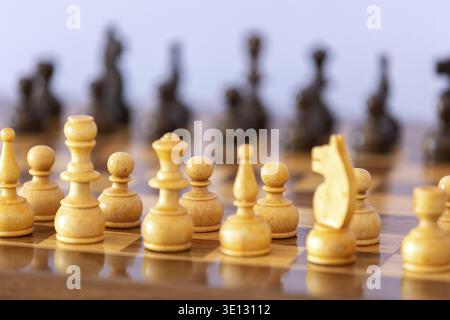 Hölzerne Schachfiguren auf dem Schachbrett. Intellektuelles Spiel. Weiße Bauernfiguren fokussieren sich Stockfoto