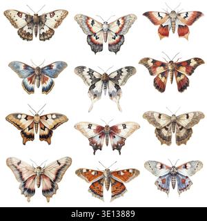 Motten-Aquarellset. Schmetterlinge auf weißem Hintergrund. Luna Moth Stockfoto