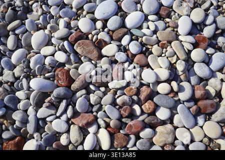 Bunter Kieselhintergrund, Nahaufnahme der Steinbeschaffenheit, bunter kleiner Meeresstein Kieselhintergrund. Mehrfarbiger abstrakter Strand, Kieselstein am Fluss Stockfoto