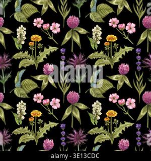 Aquarell Wildblumen nahtloses Muster mit den verschiedenen Wiesenblumen. Klee, Blaudistel, Himbeere, Löwenzahn Muster. Lebhaftes Blumenmuster im Sommer Stockfoto