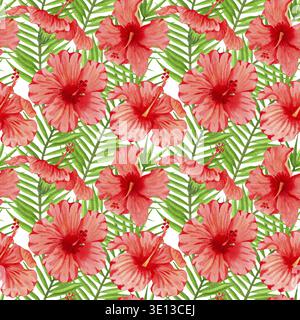 Nahtloses tropisches Blumenmuster in Aquarellfarben. Roter Hibiskus und Palmblätter auf weißem Hintergrund. Von Hand gezeichnetes nahtloses Aquarellmuster mit farbenfrohem tr Stockfoto
