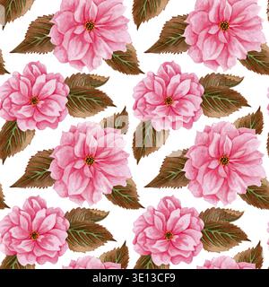 Aquarelle Kirschblüte, rosa Blüten und braune Blätter. Sich wiederholendes Blumenmuster. Handgezeichnetes nahtloses Muster eines blühenden Sakura-Astes auf weißem Bac Stockfoto