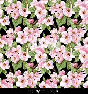 Nahtloses Aquarellmuster von Kirschblüten und Blättern. Blumenwiederholung mit handgezeichnetem Apfelblütenzweig Stockfoto