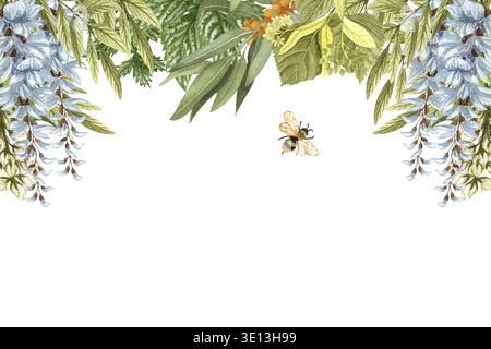Aquarellrahmen mit Wildblumen und Kräutern. Platz für Text, handgezeichneter Rand für Ihre Wünsche. Blühende Wiesenblumen Disteln, Löwenzahn, Himbeere, Stockfoto