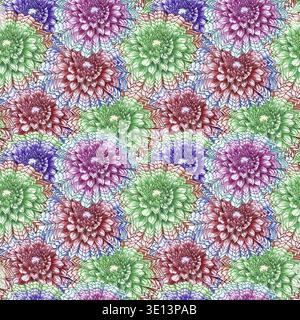 Nahtloses Dahlienmuster. Hintergrund aus Dahlia-Stoff. Große abstrakte Geogin-Blumen, handgezeichnet mit Aquarell Stockfoto