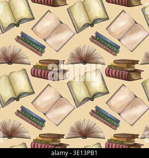 Vintage-Bücher mit Aquarellen, offenes Buch und Illustrationen mit Tintenstiften. Seltene Elemente, handgezeichnetes nahtloses Muster Stockfoto
