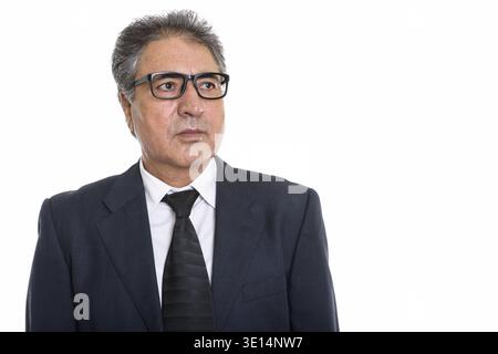 Studio shot der Persischen Geschäftsmann tragen Brillen beim Denken Stockfoto