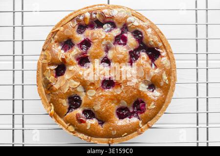 Hausgemachte Kirsch-bakewell-Tarte mit Mandeln, Kühlung auf einem Metallgestell Hintergrund. Stockfoto