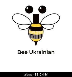 Minimalistische Biene in Form des ukrainischen Buchstabens Yi mit ukrainischem Bienentext, gelbem und schwarzem Design auf weißem Hintergrund Stockfoto