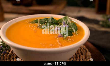 Eine lebendige Schüssel mit geschmeidigem Butternusskürbis oder Kürbissuppe, serviert in einer rustikalen Keramikschale. Die warme Deckenbeleuchtung unterstreicht die seidenweiche Textur und edi Stockfoto