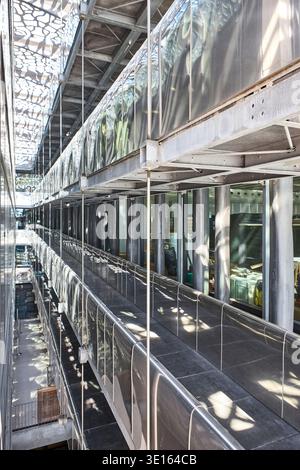 Moderner Glaskorridor und Reflexionen in einem modernen Gebäude. Stockfoto