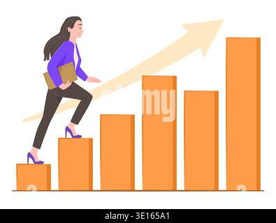 Selbstbewusste Geschäftsfrau – Schritt auf die Spitze des steigenden Balkendiagramms für Wachstum Business- und Finanzeffizienz-Zielkonzept Illustration ClipArt Stock Vektor