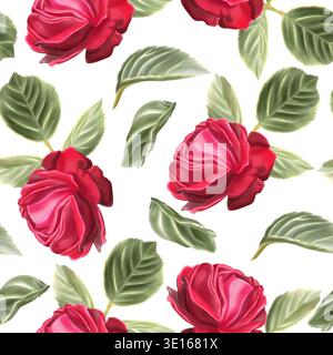 Ein nahtloses Muster mit leuchtenden roten Rosen und grünen Blättern in Aquarell schafft ein frisches und elegantes Blumendesign für Tapeten, Textilien und Stockfoto
