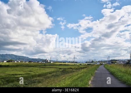 Riverside Path führt durch grüne Felder unter einem dramatischen Wolkenhimmel. Stockfoto