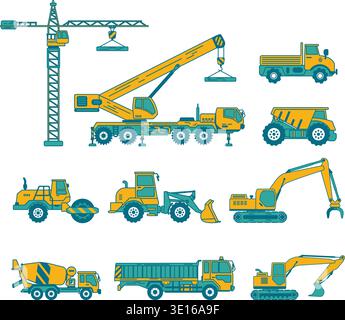 vektor von Baumaschinen mit Kran, Bagger, Bulldozer, Traktor und Lkw in flacher Ausführung für industrielle Infografik Stock Vektor