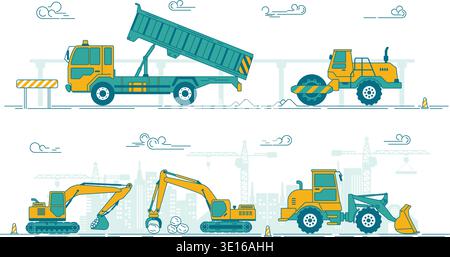 LKW, Hydraulikbagger, Bulldozer und Verdichter für den Einsatz auf Straßenbaustellen, grafischer Satz von Baumaschinen für Infografiken Stock Vektor