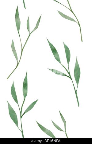 Nahtloses Bambusblatt-Muster mit grünen Zweigen, asiatischem botanischem Ornament. Aquarellillustration isoliert auf weiß, wiederholte Textur für Spa Stockfoto