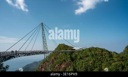 Langkawi, Kedah/Malaysia – 20. Januar 2020: Touristen laufen entlang der Langkawi Sky Bridge zu einer Aussichtsplattform auf einem bewaldeten Bergkamm. Stockfoto