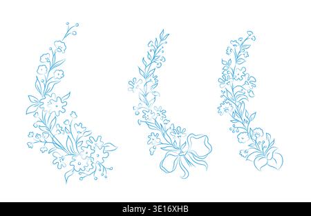 Blumenränder mit Blumen, Zweigen und Blättern. Vektorabbildung. Handgezeichnete runde Kränze mit Bögen, linear ausgeführt, isoliert auf einem Wi Stock Vektor