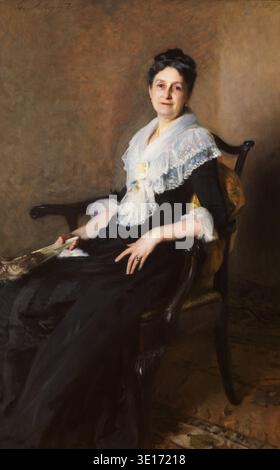 Dieses fesselnde Ölporträt von John Singer Sargent aus dem Jahr 1887 zeigt Elizabeth Allen Marquand, elegant sitzend und mit einem Fan. Die Künstlerin fängt geschickt ihren ruhigen Ausdruck und die komplizierten Details ihres schwarzen Kleides mit Spitzenkragen ein und zeigt seine Meisterschaft des Realismus und der Porträtmalerei im späten 19. Jahrhundert. Stockfoto