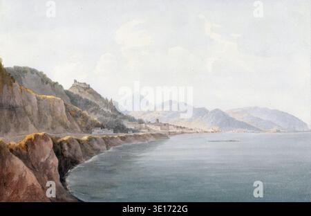 Dieses atemberaubende Aquarellgemälde von John Warwick Smith, das um das Ende des 18. Oder frühen 19. Jahrhunderts entstand, zeigt einen Panoramablick auf Salerno, Italien. Das Kunstwerk fängt die felsige Küste, eine Stadt am Ufer und ferne Berge unter einem sanft bewölkten Himmel ein und zeigt Smiths Meisterschaft der Landschaftskunst und Aquarelltechnik. Stockfoto