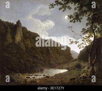 Dieses fesselnde Ölgemälde mit dem Titel „Dovedale by Moonlight“ von Joseph Wright aus Derby aus den späten 1780er bis frühen 1790er Jahren zeigt meisterhaft eine dramatische mondbeleuchtete Flusslandschaft. Das Werk zeigt seine charakteristischen Hell-Dunkel-und atmosphärischen Effekte, die die zerklüfteten Klippen und das fließende Wasser unter einem bewölkten Himmel beleuchten. Stockfoto