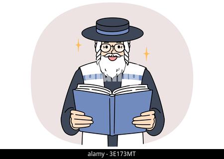 Ein alter jüdischer Mann liest tora, studiert Evangelium oder Gebete für einen Sabbat-Besuch in der Synagoge. Orthodoxe jüdin in Hut und blau-weißer Weste im Prozess der Anbetung während der Feiertagsfeier von hanukka Stock Vektor
