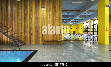 Ein leerer Innenpool mit einem großen Pool, hellgelben Wänden, Holzlattenvertäfelung und grauen Fliesenböden. 3D-Rendering. Stockfoto