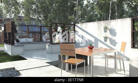3D-Rendering einer modernen Terrasse im Freien mit einem hölzernen Esstisch, Betonsitzen mit Kissen und Topfpflanzen bei hellem Sonnenlicht. Stockfoto