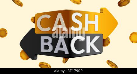 Dynamisches 3D-Cash-Back-Schild mit goldenen Münzen, das finanzielle Belohnungen vor hellem Hintergrund hervorhebt. Vektorabbildung. Stock Vektor