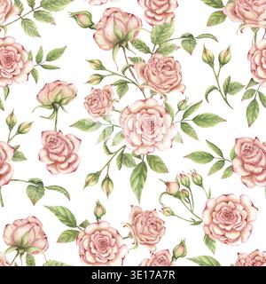 Aquarell zartes rosa Rosen nahtloses Muster, Blumenmuster, Vintage-Blumenmotiv, Gartenblüten-Druck Stockfoto
